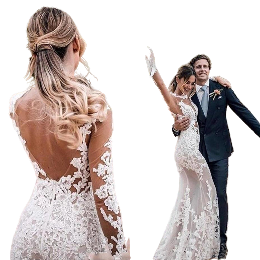 2021 Sexy Backless Lace Mermaid Wedding Dresses See Through Boemian Bridal Gowns Illusion Long Sleeve Bride Dress Robe de mariage Summer Boho Beach