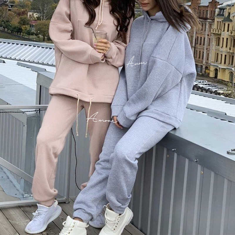 Letter Print Fashion Oversized Hoodie Set Women Thick Fleece Sport Suit Hooded Sweatshirt Autumn Winter Women's Two Piece Set 210709
