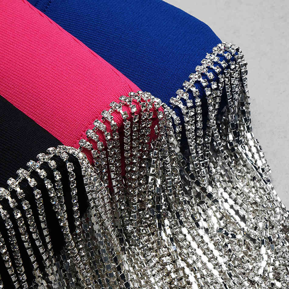 Summer Ladies Sexy Square Neck Tassel Diamond Mini Bodycon Bandage Dress Elegant Celebrity Club Banquet 210525