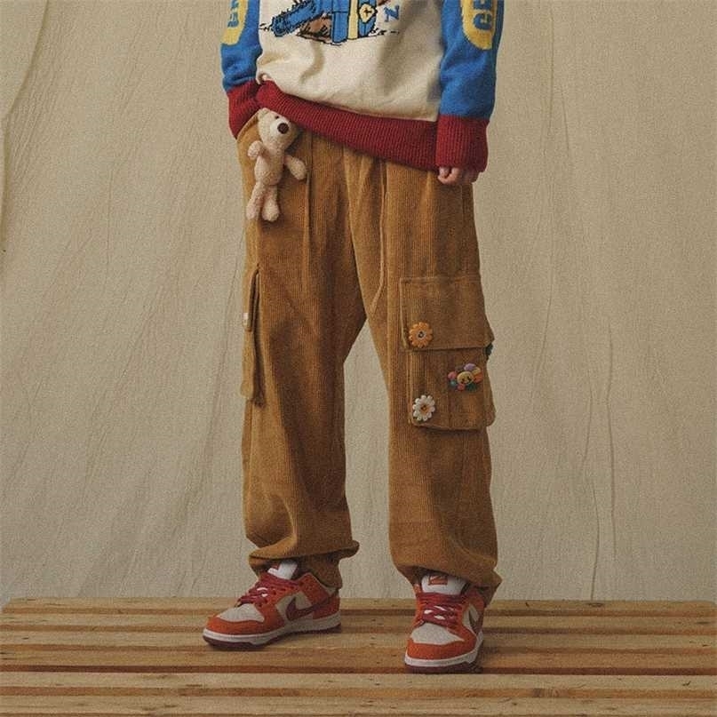 QWEEK Japanese Streetwear Corduroy Pants Women Vintage Brown Cargo Pockets Oversized Korean Style Wide Leg Trousers Female 211115