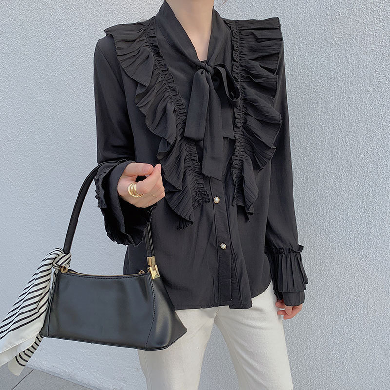 OL Formal High Street Bow Solid Large Size Feminine All Match Shirts Spring Lace Up Women Gentle Blouses Tops 210421