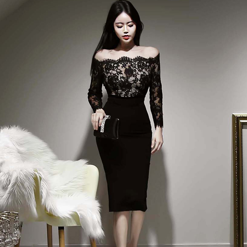 Women's Solid Color Off Shoulder Dresses 3/4 Sleeves Lace Knee Length Package Hip Work Wear Long Dress D11001X 210416