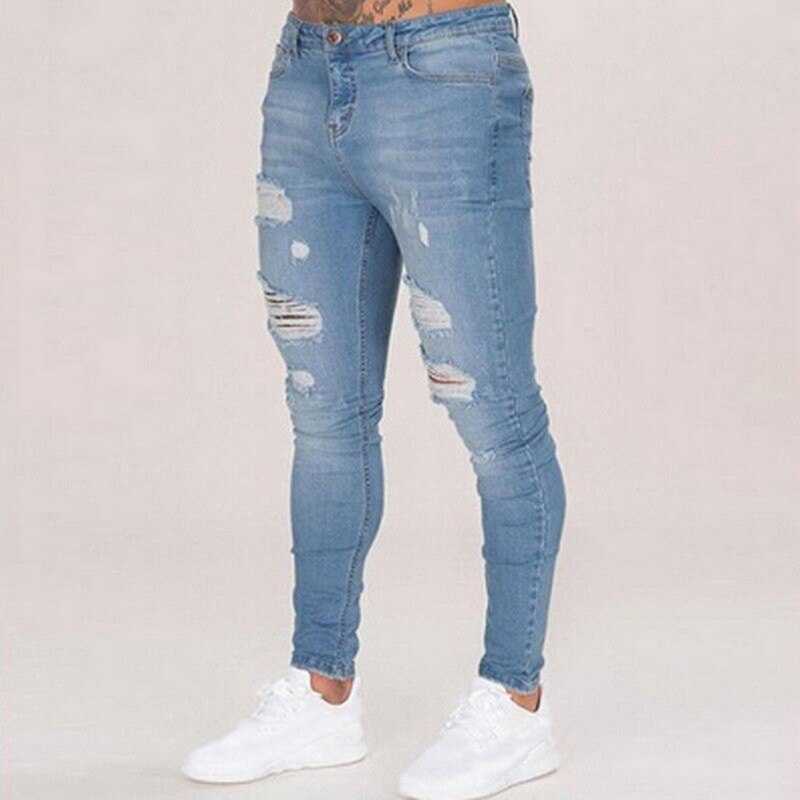 NIBESSER Fashion Casual Mens Skinny Stretch Denim Pants Distressed Ripped Freyed Slim Fit Jeans Trousers For Male Pants 211009