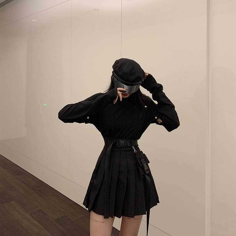two piece set women Retro Hong Kong style disassembly long-sleeved T-shirt top + pleated skirt fashion summer suit 210526