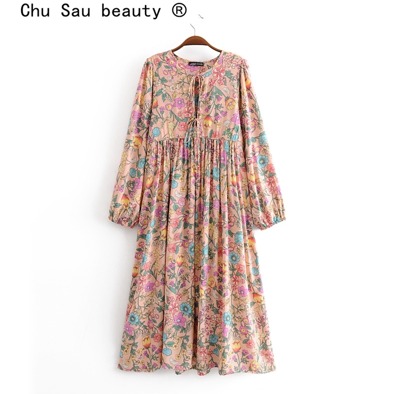 beauty Fashion Boho Style Floral Print Maxi Dress Women Holiday Chic Bow Tie Summer Dresses Female Loose Beach Wear 210514