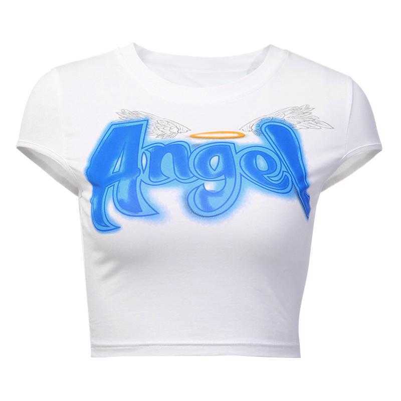 Yedinas Sexy Crop Top Women Summer Angel Letter Graphic Y2k Aesthetic ped Tee Shirt Ladies Baddie Egirl Cute 210527