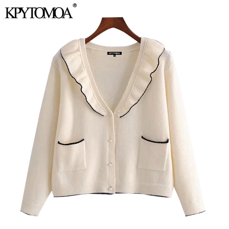 Women Sweet Fashion Ruffled Cropped Knitted Cardigan Sweater Long Sleeve Pocket Female Outerwear Chic Tops 210420