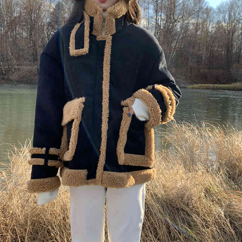 autumn and winter korean style lamb wool patchwork warm coats and jackets womens short coats (C08823) 210423