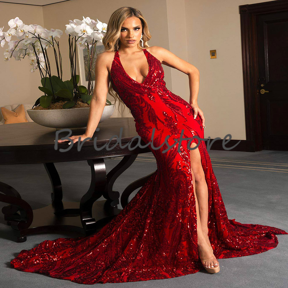 Sparkly Sequin Plus Size Red Prom Dress For African Sexy Deep V Neck Backless Mermaid Evening Dresses Glitter Rose Gold Formal Long Party Gowns robes 