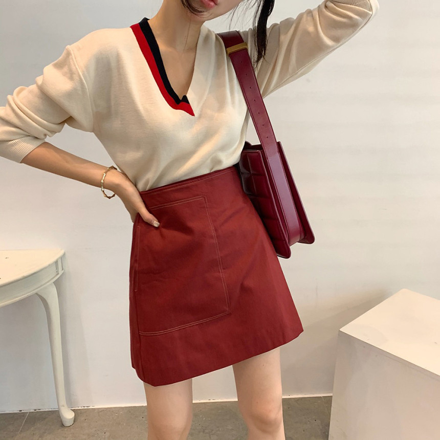 Autumn Winter Bottoming Sweater Elegant OL Pullover Stitching Color V-neck Long Sleeve Loose Knitted Sweaters 210421