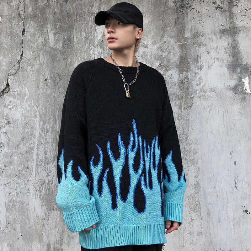 Hip Hop Mens Streetwear Harajuku Knitted Sweater Blue Fire Flame Autumn Sweater Pullover Loose HipHop Retro Vintage Cotton 210818