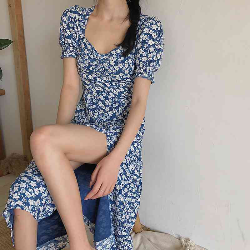 Chic Casual Puff Sleeve Women Maxi Dresses Plus Size V Neck Split Floral Dress Summer A-Line Ladies Robe Blue Vestidos 210521