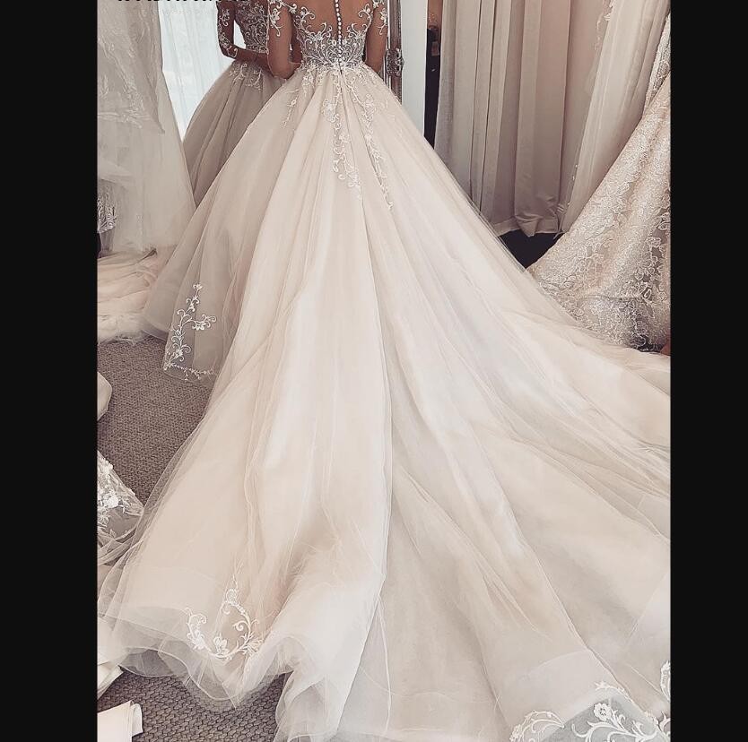 Simple Illusion Long Sleeves A Line Wedding Dresses Bridal Gowns Jewel Neck Button Back Lace Appliques Pearls Ball Gown Vestido De Novia Custom Plus S