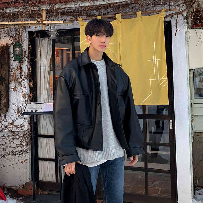 IEFB Men's Thickened Spring PU Leather Clothing Trend Handsome Loose Korean Single Breast Coat Short Clothes 9Y5732 210524