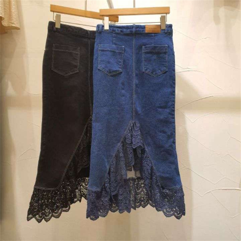 Nomikuma Women Jeans Skirt Korean Lace Ruffle Patchwork Irregular Demin Mermaid Skirt Autumn High Waist Sexy Faldas 6C727 210427