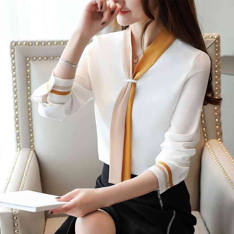 Solid Vintage Long Sleeve Chiffon Tops Loose Office Lady Women Blusas Mujer De Moda Elegant Autumn Clothing 7188 50 210506