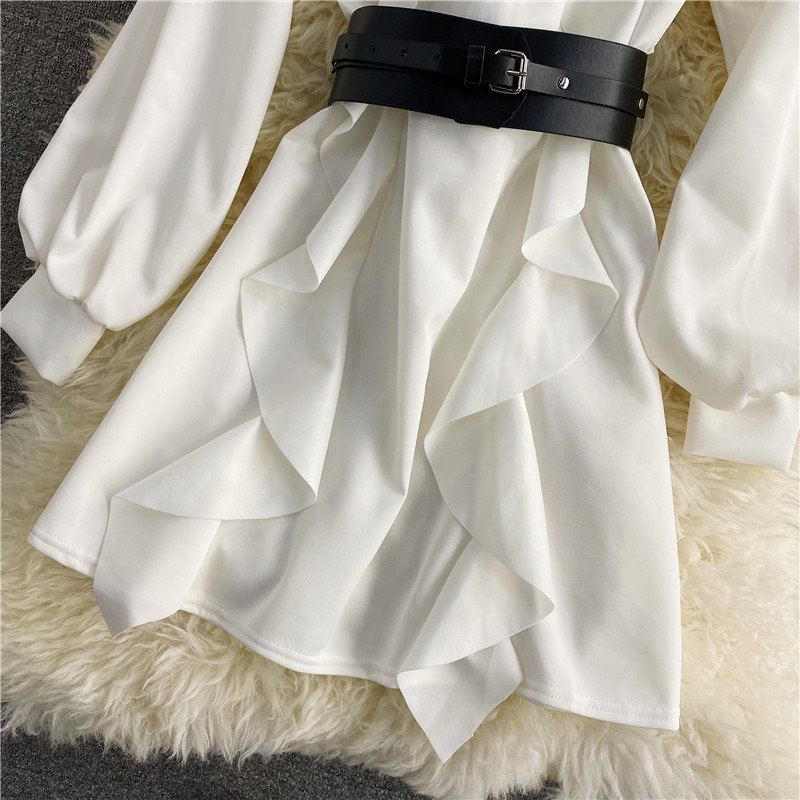 Nomikuma Sweet Ruffle Patchwork Women Dress Korean Stand Neck Lantern Sleeve Dresses Spring New A-line Vestidos Femme 6D977 210427