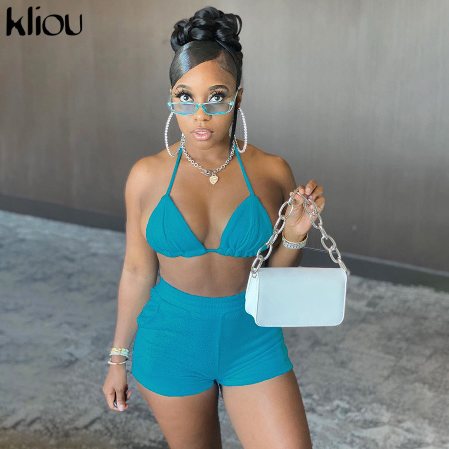 Kliou women two piece outfits fashion halter backless sexy brabiker shorts matching set bandage female vacation party clubwear T200826