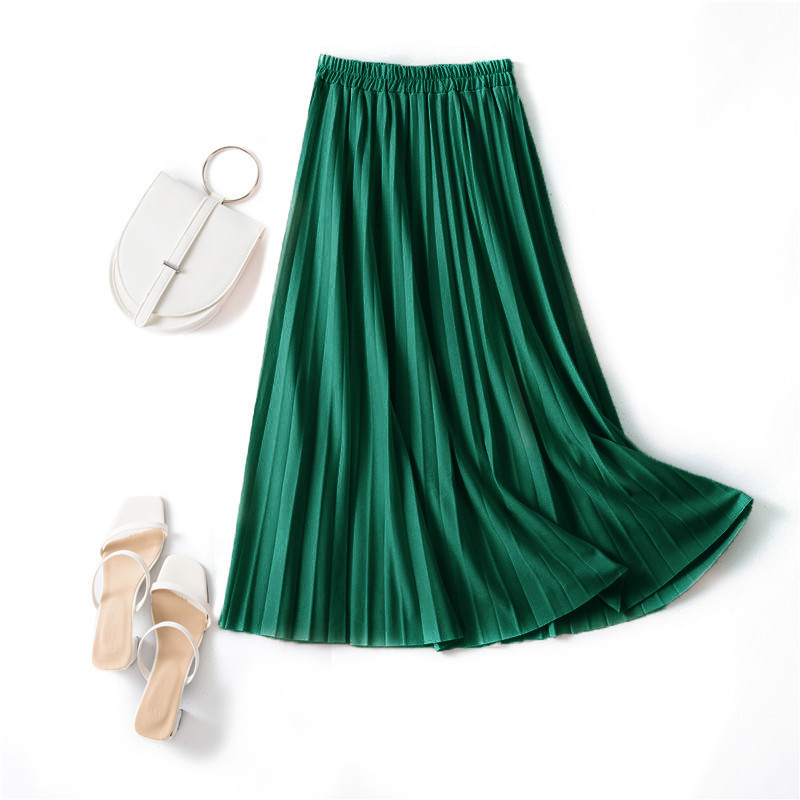Women Solid Casual Pleated Skirt Spring Summer New Elegant Hight Waist Korean Long Skirts Fashion A Line Skirts For Female 210415