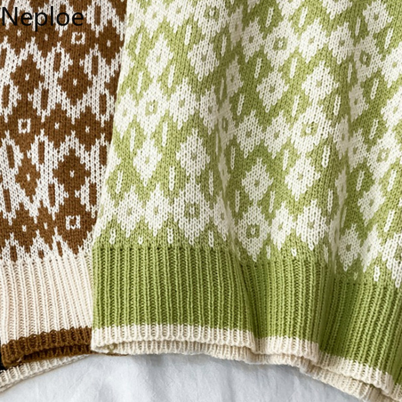 Neploe Fashion Plaid Knitted Sweater Vest Women V-neck Sleeveless Knitwear Pullovers Tops Fall Clothes Short Jumper Tank Coat 210422