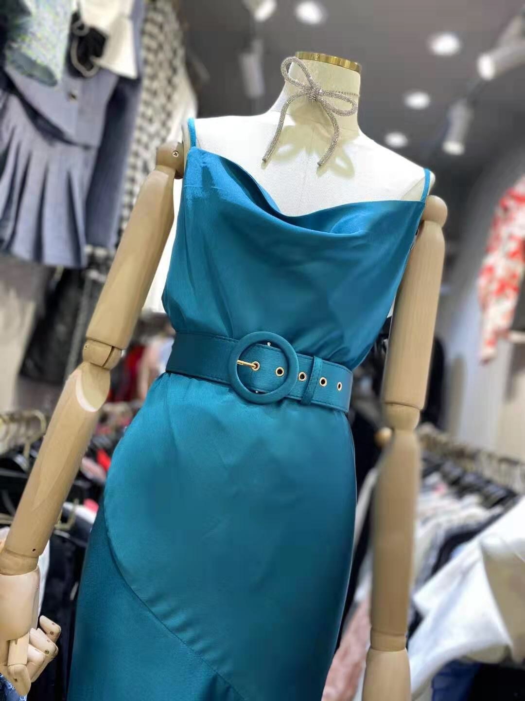 party maxi dress for women slim bodycon high waist camisole spaghetti strap blue satin silky sexy belt dresses lady robe 210421