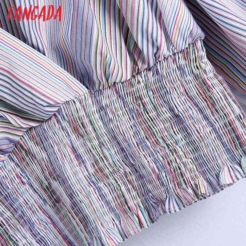 Women Fashion Striped Tunic Cropped Shirt Vintage V Neck Puff Sleeve Female Shirts Blusas Chic Tops BE524 210416