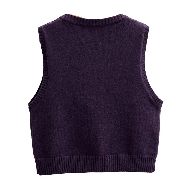Preppy Style Purple Argyle Plaid Knitted Sweater Vest Women 90's Vintage Korean Clothing Striped V Neck Tank Top Y2K Knitwear 210429