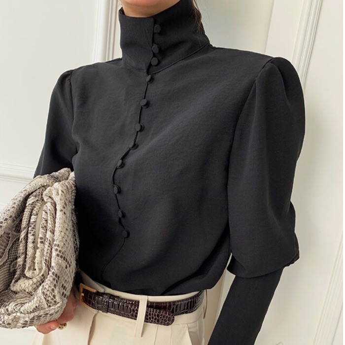 Office Ladies Shirts Work Fashion Solid Black Elegant Turtleneck Blouses Women Tops Spring Korean Pleated Blusas 210519