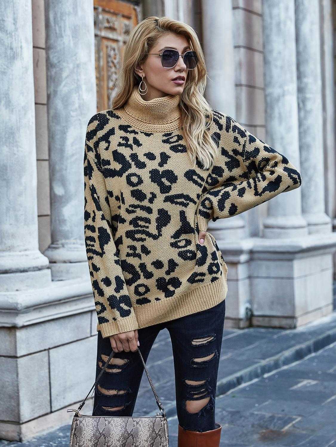 Qooth Animal Print Jumper Women Leopard Crochet Top Knitwear Turtleneck Long Sleeve Pullover Sweaters QT334 210609