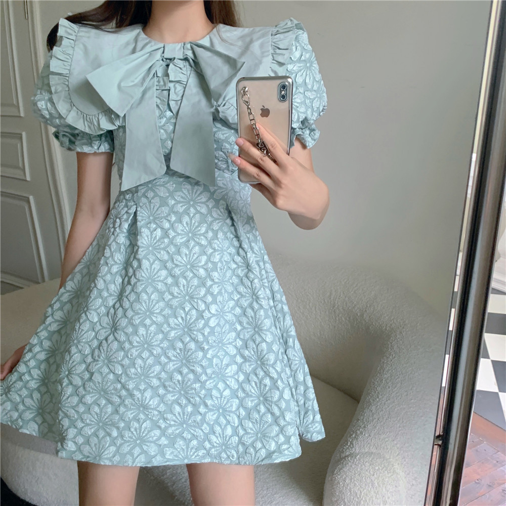 Arrival Summer Sweet Bowknot Big Lapel Jacquard Mini Dress Vintage Slim A-Line Party Dress Vestido 210518
