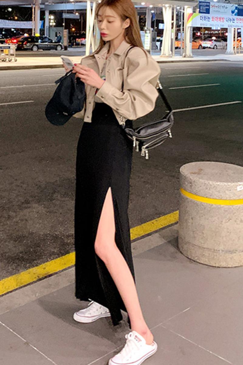 Skirts Women Korean Chic Slim Sexy High Waist Black Split Skirt Pleated Temperament Summer Fashion Faldas Mujer Moda Elegant 210429