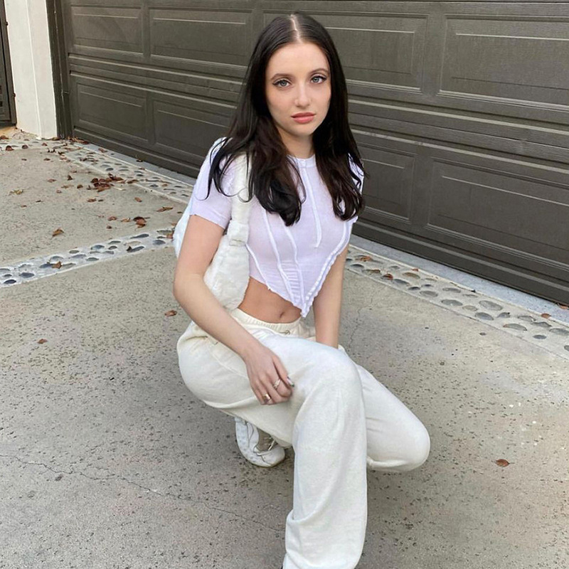 Summer Women Asymmetrical T-shirt Skinny Round Short-Sleeved Tops Female Patchwork Y2K Solid Sport Tees Streetwear 210406