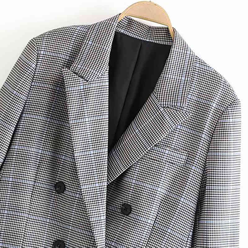 Vintage Lady Plaid Blazers Suit Pockets Long Sleeve Office Coat Women Double Breasted Houndstooth Jacket Outwear Veste Femme 210515