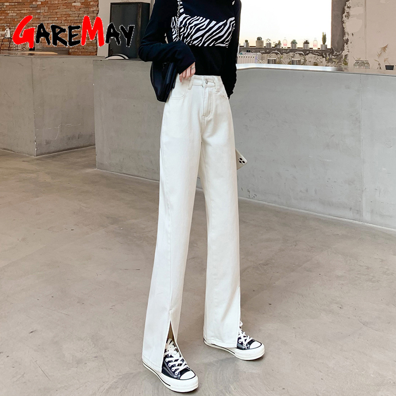 Straight Leg White Jeans Women Loose High Waist Mom Front Side Slit Denim Pants Vintage Stacked 210428