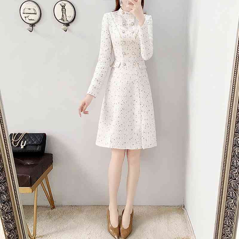 Vintage Tweed Woolen Winter Dresses Women Long Sleeve White Double-Breasted Fashion Clothes Vestidos 210520