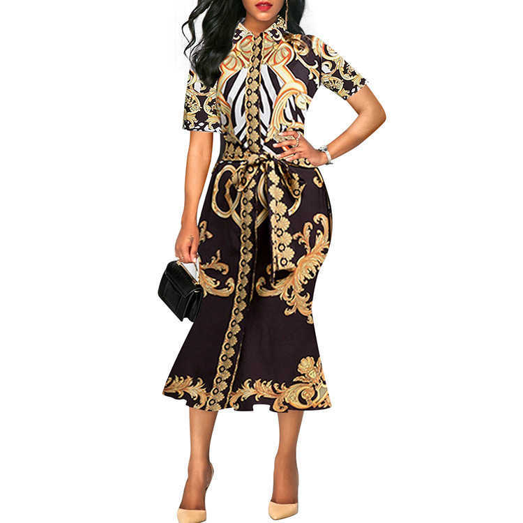 Retro Print Turn Down Collar Bag Hip Sheath Mid-Calf Dresses Women 210615Z