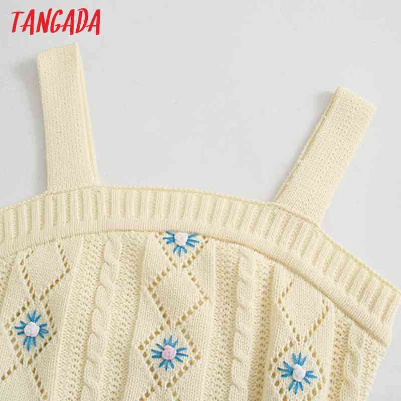 Women Floral Embroidery Tank Top Sleeveless Backless Female Hollow Out Knit Tops 3N18 210416