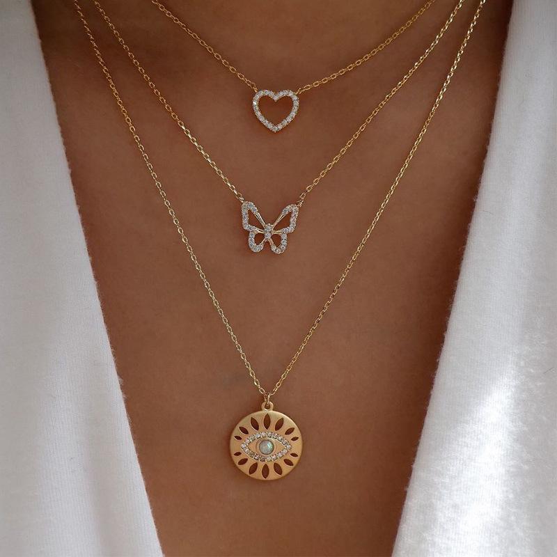 Pendant Necklaces Rhinestone Angel Wing Necklace For Women Crystal Heart Butterfly Choker Gold Color Layered Collier Femme Bijoux