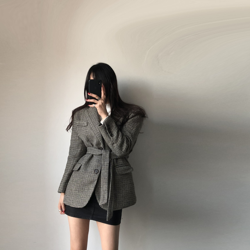 OL Classic Vintage Houndstooth Quilted Woolen Suit Blazer Jacket Autumn Winter Lace-up Formal Women Blazers Coat 210421