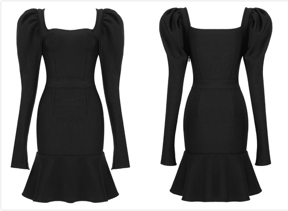 Free Sexy Women's Fishtail Bandage Dress Black Bubble Long Sleeve Bodycon Celebrity Club Party Mini Vestidos 210524