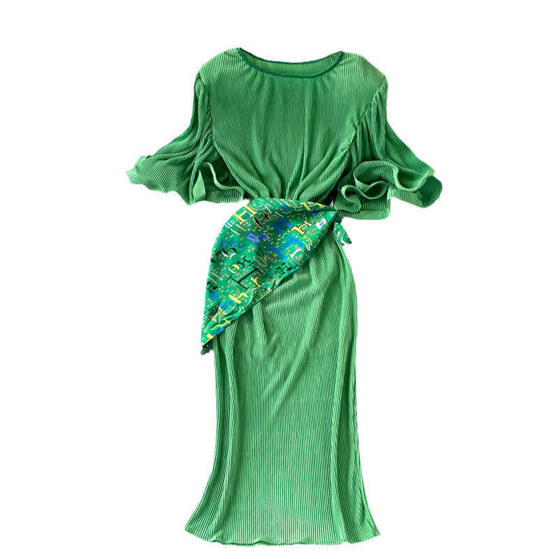 DEAT Women Pleated Ruffles Dress Round Neck Short Sleeve Arrivals Lady Temperament Fashion Spring Summer 11D1411 210709