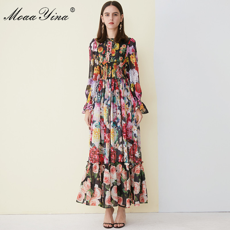 High Quality Women's Summer Beach Chiffon Ruffled collar Dress Elegant Elasticity Waist Print Runway Maxi Long 210524