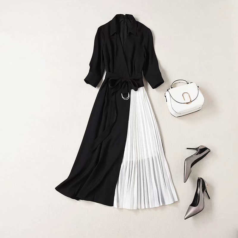 High QUALITY est Designer Women's Elegant V-neck 3/4 Sleeve Slim Stitching Black White Color Block Pleated Long Dress 210526
High QUALITY est Designer Women's Elegant V-neck 3/4 Sleeve Slim Stitching Black White Color Block Pleated Long Dress 210526