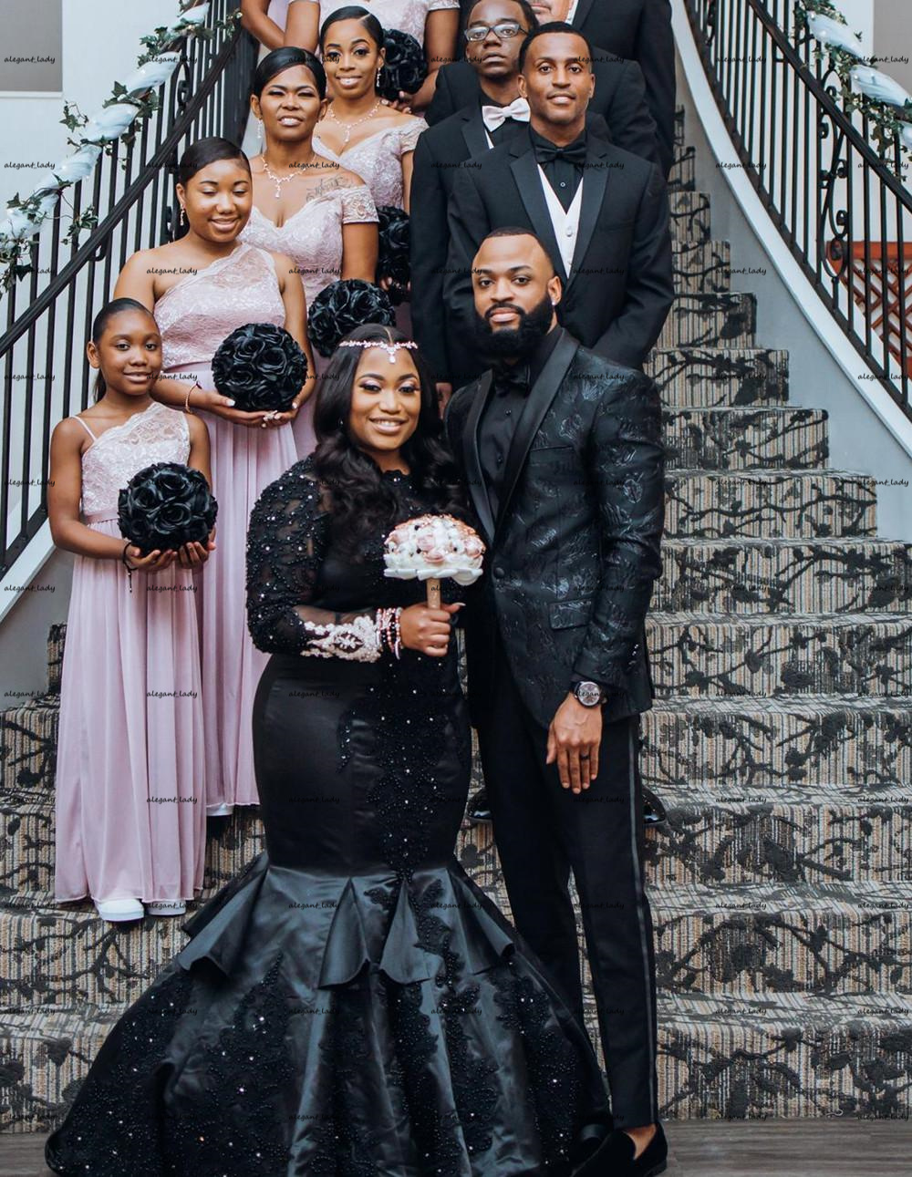 Black Gothic Mermaid Wedding Dresses With Long Sleeves Beading Pearls applique Satin Non White african lace-up boho outdoor Bride Dress plus size