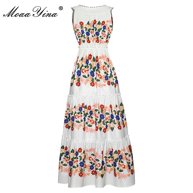 Summer Floral Elegant White Dress Women's V-Neck sleeveless High waist Printed Vacation Midi Vestidos 210524
