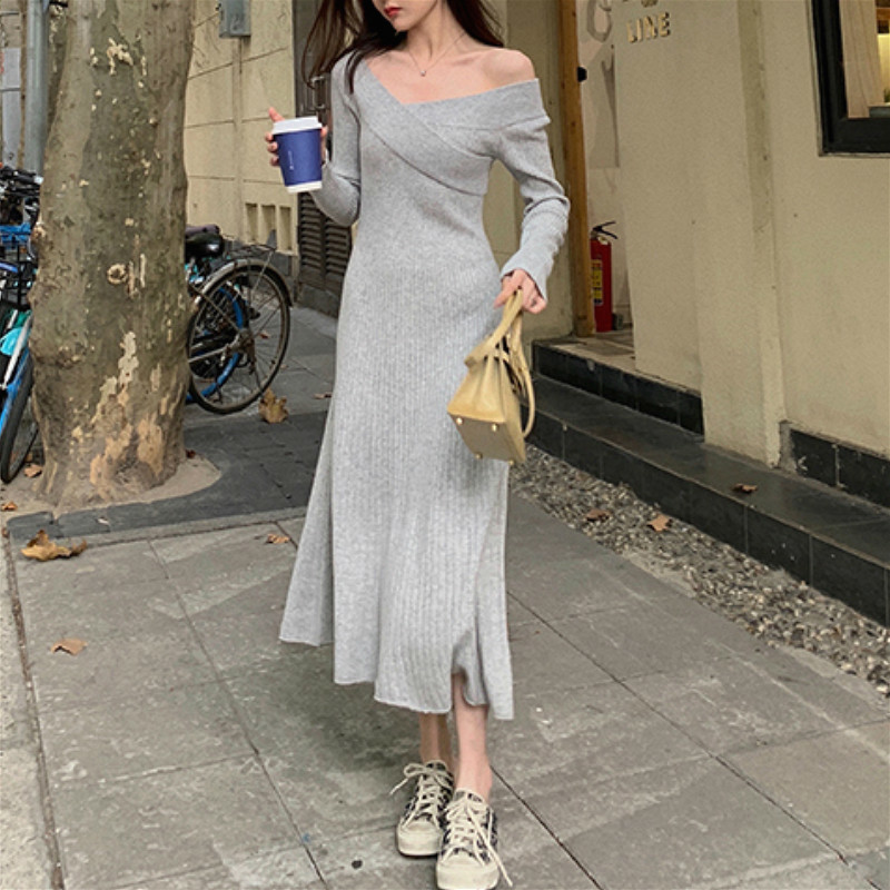 Winter Knitted Dress Korean Casual Long Sleeve Office Sweater Dress Female Solid Slim Elegant Knitted Dress Women 210521