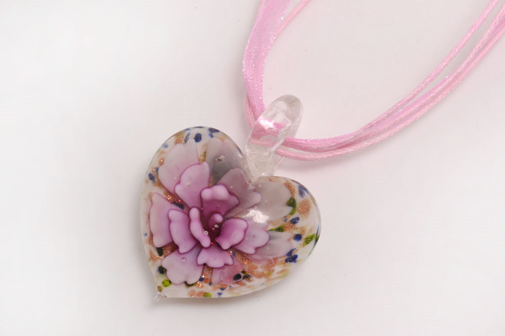 Charm Heart Shape Art Murano Lampwork Glass Pendant Necklace Flowers Inside for Women Girls Summer Jewelry Gifts