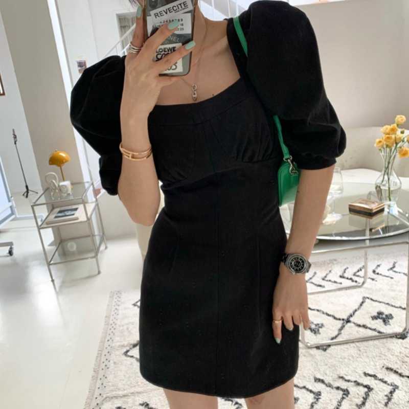 Korean Chic Square Collar Woman Dress Elegant Slim Waist Puff Sleeve Dresses Summer Solid Vestido Mujer 6H771 210603