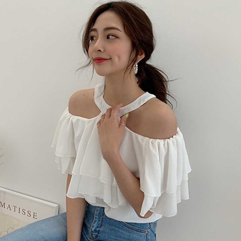 Korejpaa Women Shirt Summer Korean Chic Lady Feminine Halter-Neck Slack Shoulder Double-Layer Ruffled Flying Sleeve Blouse 210526