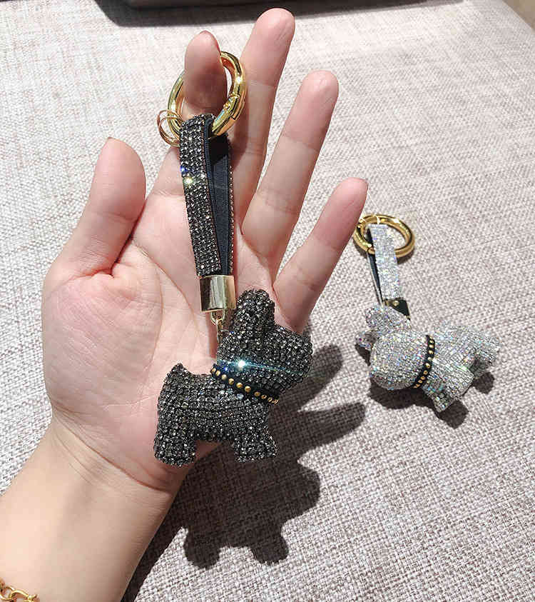 Diamond Inlaid Fashion French Dog Fighting Car Key Chain Male and Female Couple Pendant Korean Lovely Bag